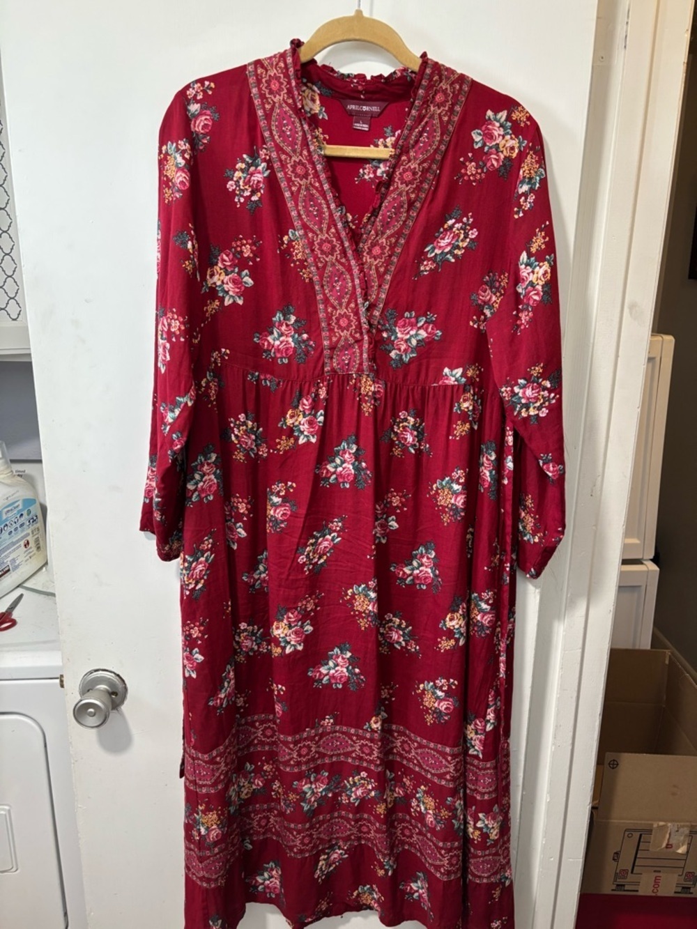 April Cornell Lavinia Red Scarlet Floral Maxi Dress Embroidered Prairie Midi L